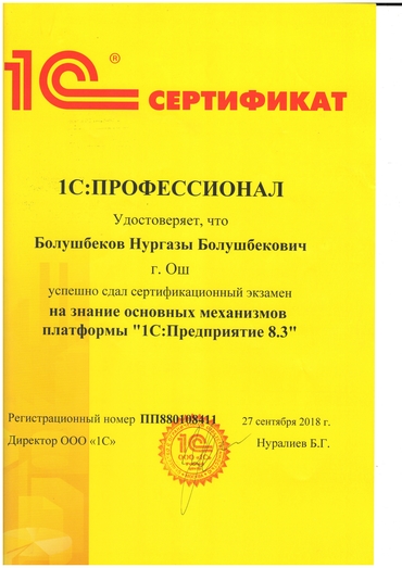 Сертификат 1С:Профессионал Платформа 1С:Предприятие 8.3